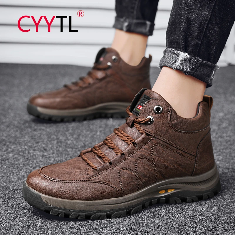 

CYYTL High Top Men's Outdoor Hiking Shoes Leather Waterproof Winter Keep Warm Walking Casual Sneakers Male Work Short Bootie