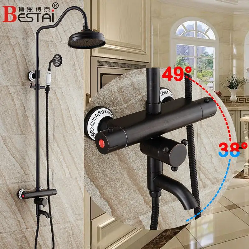 

European Antique Copper Black Intelligent Tap Thermostatic Shower Set Bronze Rainfall Shower Set Black Mount