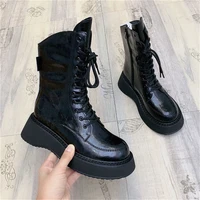 women leather motorcycle booties female new autumn fashion high tops sneakers thick heel vintage side zip casual lady ankle boot