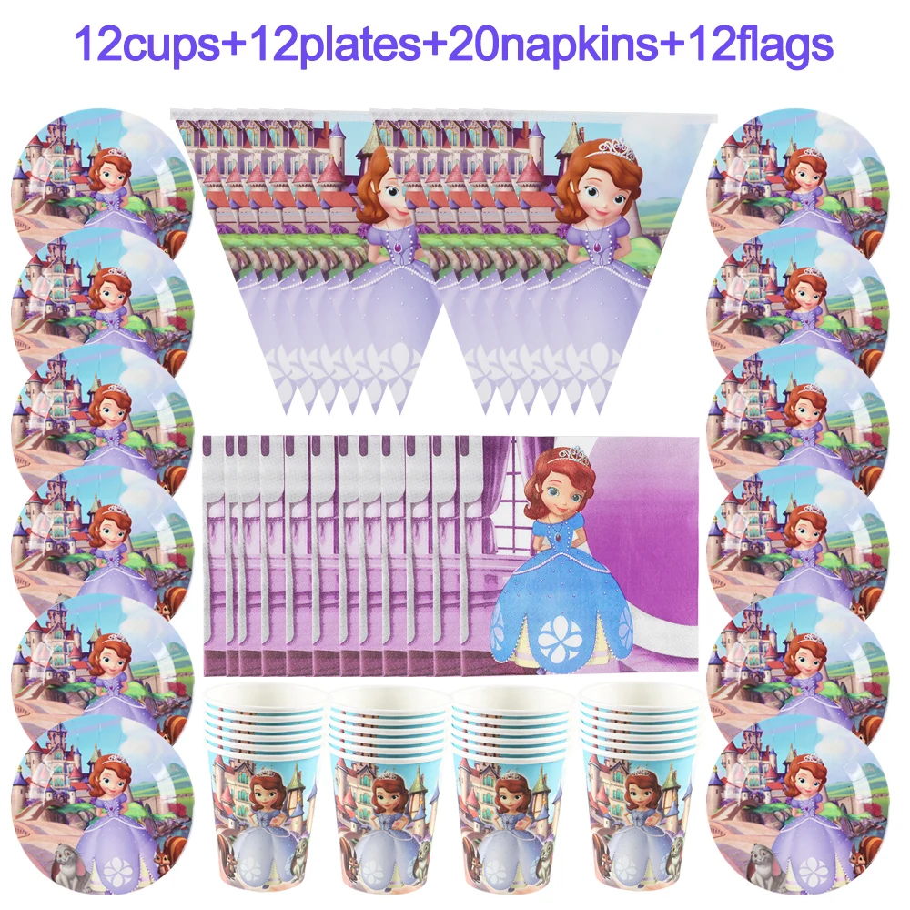 

56Pcs Disney Sofia The First Princess Theme Child Birthday Party Decoration Cups Plates Flags Baby Shower Dinner Set Supplies