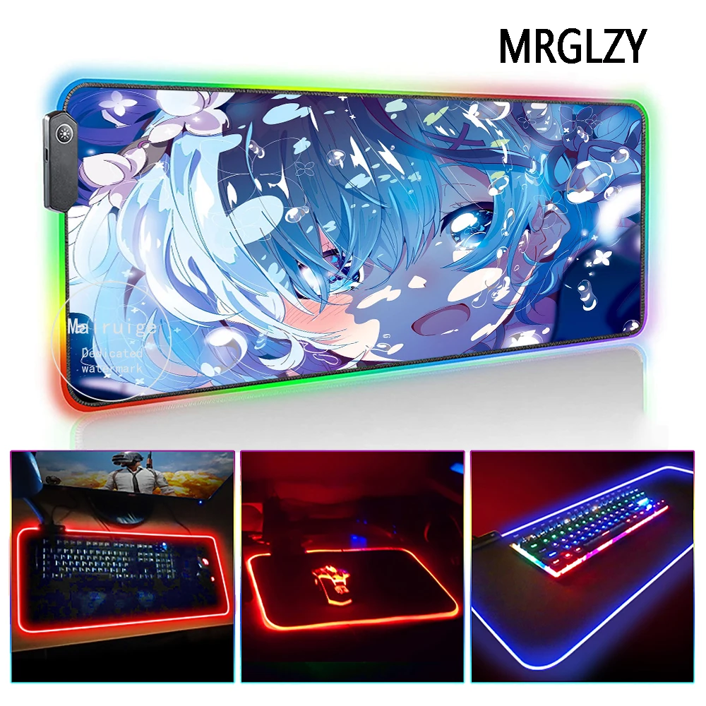 

MRGLZY Sexy Blue Short Hair Girl XXL LED Light RGB Gamer Large Anime RemMouse Pad DeskMat Gaming Accessories for Laptop Keyboard