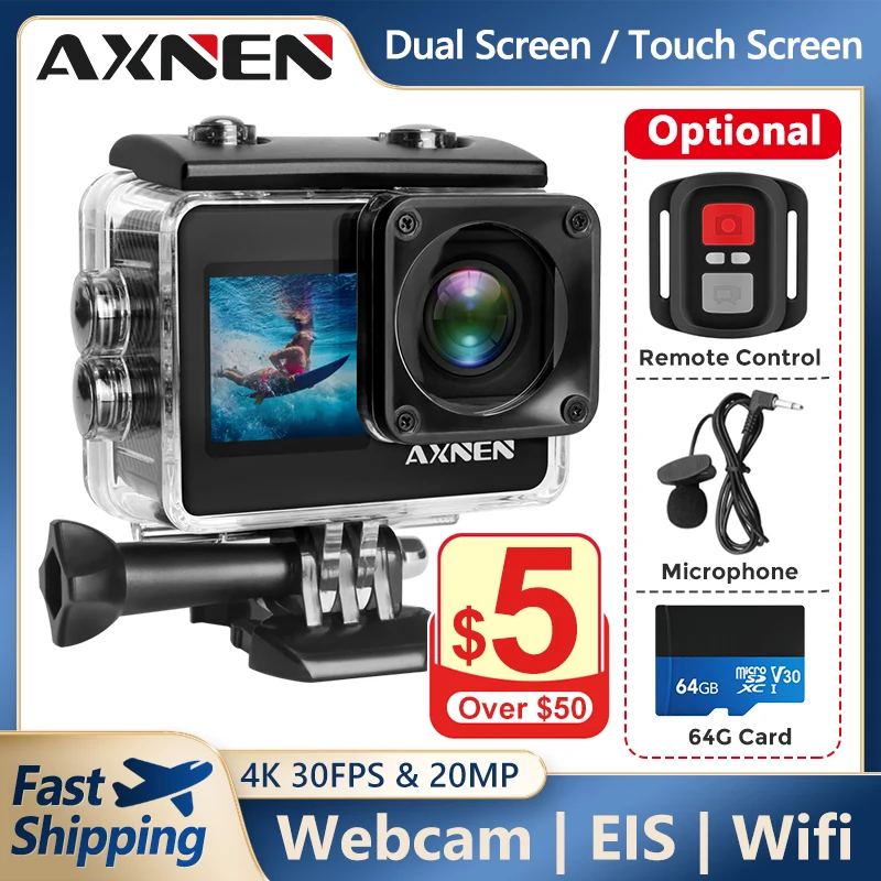 AXNEN A10 Action Camera 4K Video Shooting Sports Cam EIS Touch Screen Webcam 20MP Vlog Wifi Remote Car DVR Looping Record | Электроника