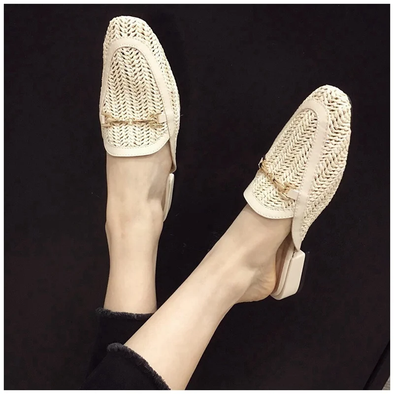 New Fashion Women Mules Slipper Low Heel Slip On Slide Sandals Cane Woven Beach Summer Slippers Flat Sandals