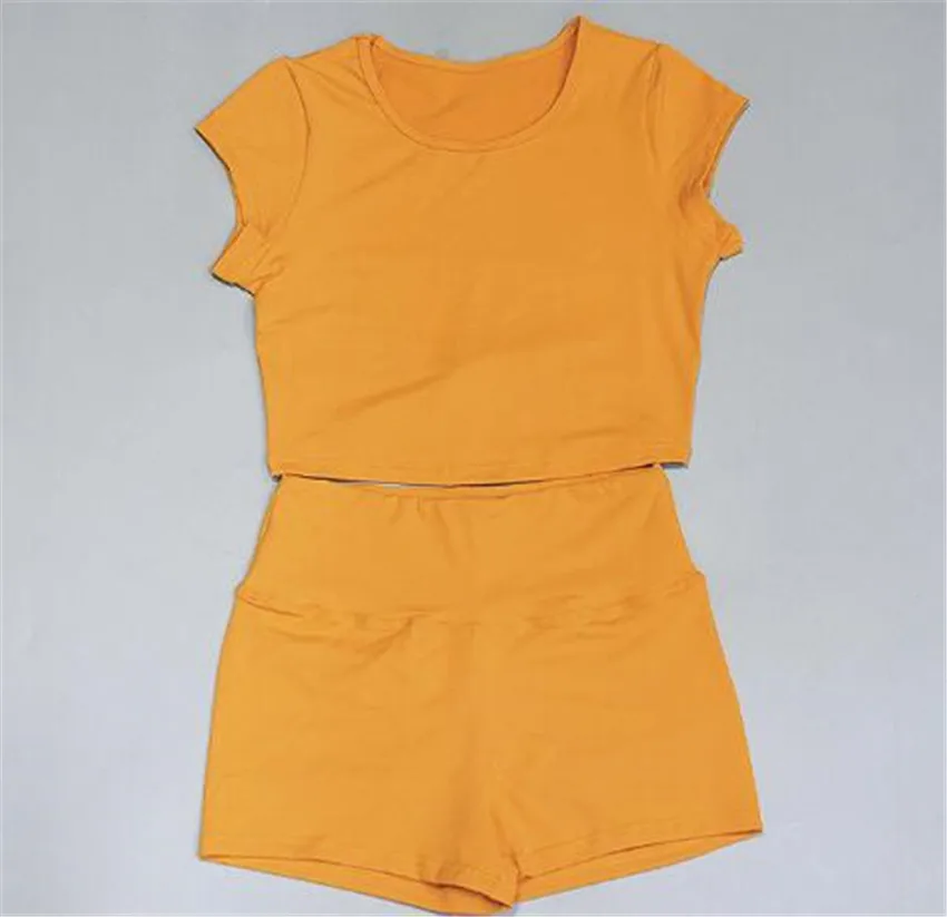 XS-XL, Женский комплект для йоги, 2 шт., короткий рукав, топ, футболка, шорты, пуш-ап, леггинсы, для спортзала, фитнеса, бега, спортивный костюм - Цвет: CB1060 yellow