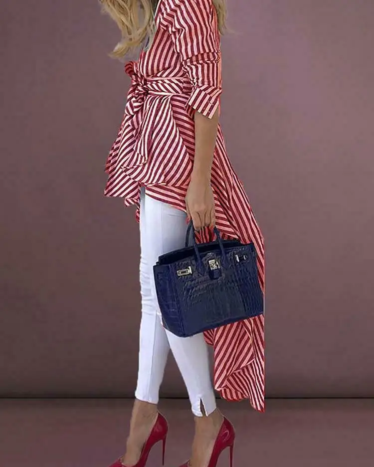 

High Street Women Stripe Shirts Long Sleeve V-neck Loose Tops Blouse Striped Tied Front Dip Hem Shirt With Belt Long Shirts