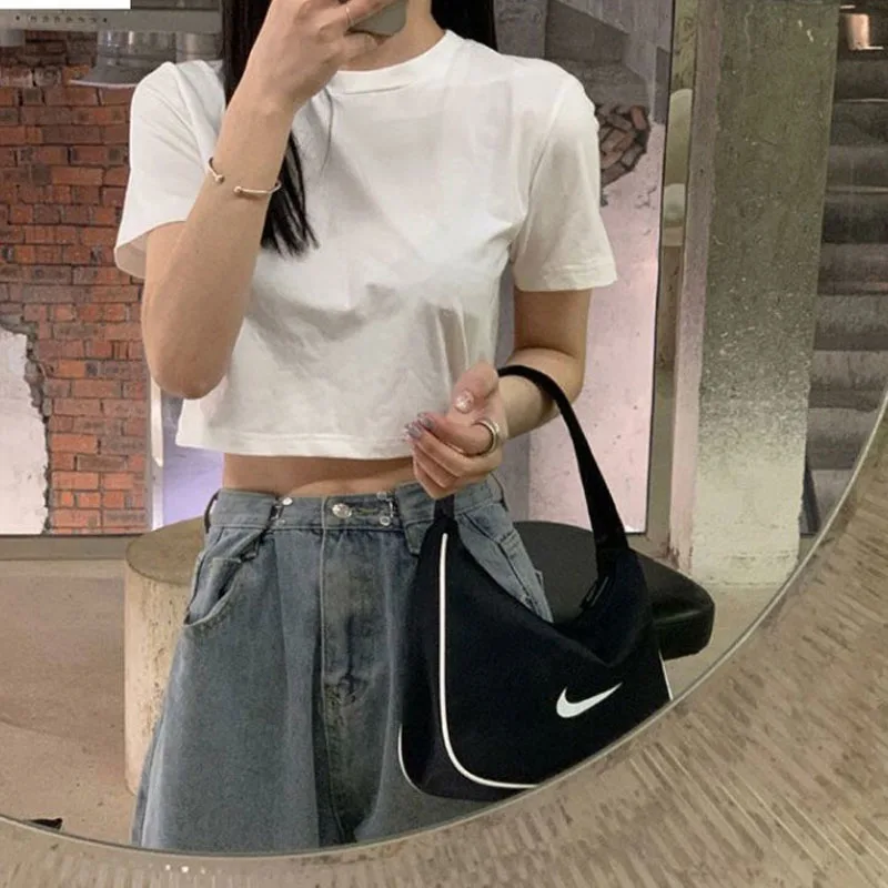 

INS Solid Color Short Sleeve T-shirt Women's Summer Korean Style Fashionable Student High Waist Midriff-Baring