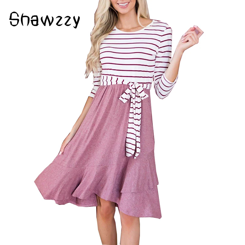 

Spring Women Dresses Striped Print Patchwork Long Sleeve O Neck Irregular Dress Fashion Sashes Lace Up Pink A-line Midi Dresses