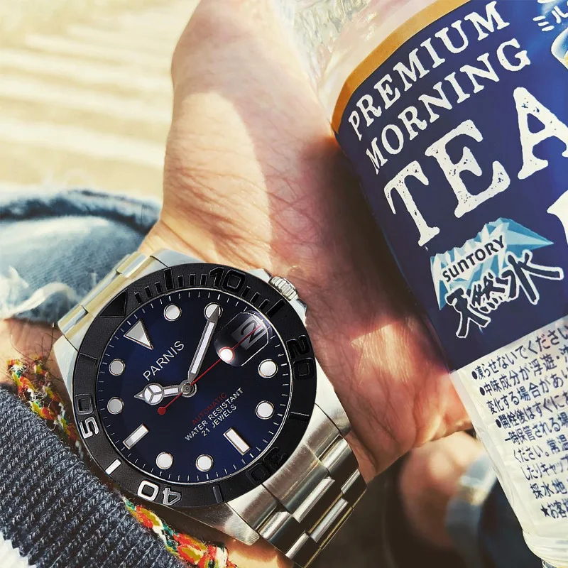 

Parnis 40 мм Мужские часы Diver Miyota 8215, сапфировое стекло, браслет из нержавеющей стали, светящиеся автоматические механические мужские часы