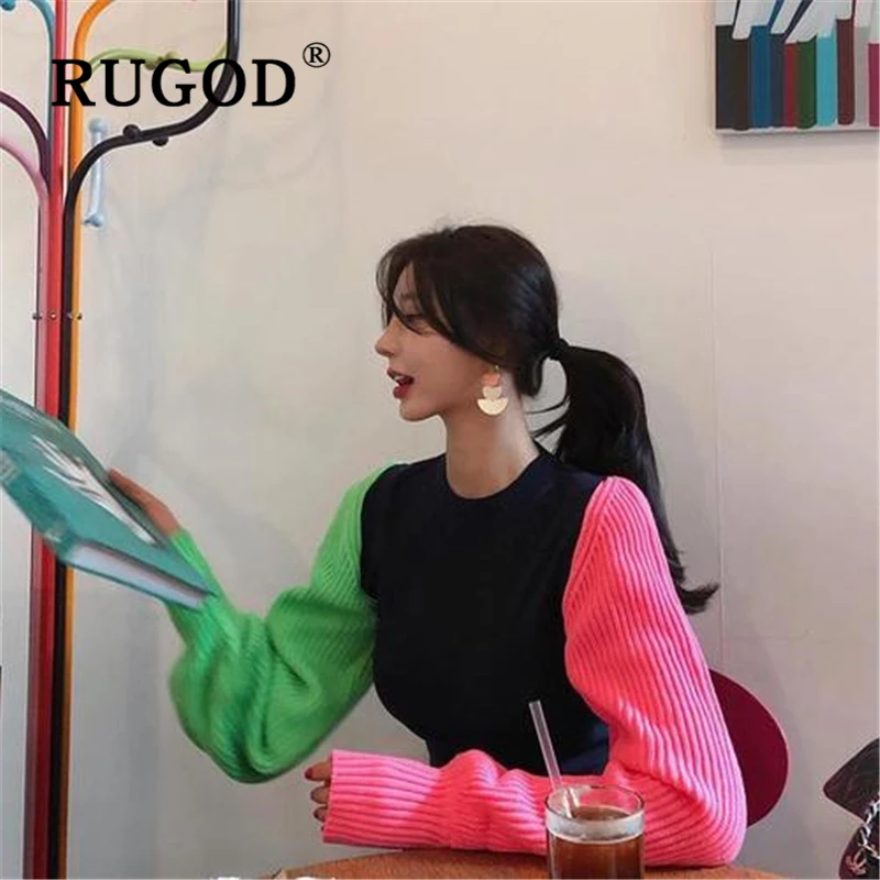 RUGOD, корейское, шикарное лоскутное, свитер, женский, модный, Круглый, с рукавом-фонариком, вязанный, для девушек, пуловеры, Осень-зима, повседневные пальто