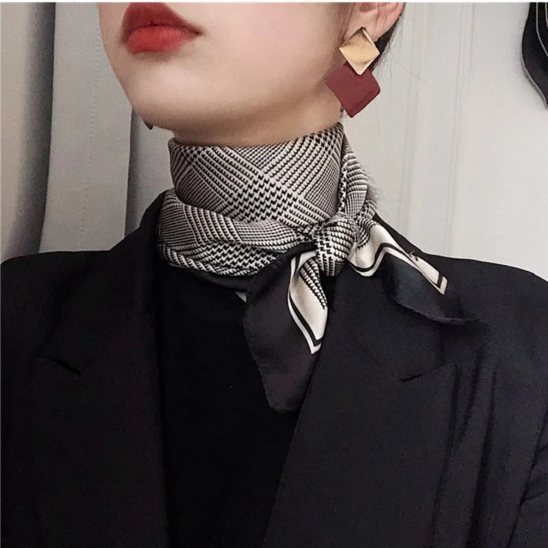 

Silk Square Scarf Korean Version 70*70 Retro Wild Houndstooth Decorated Small Scarf Tied Bag Streamer Double-Sided Accessories