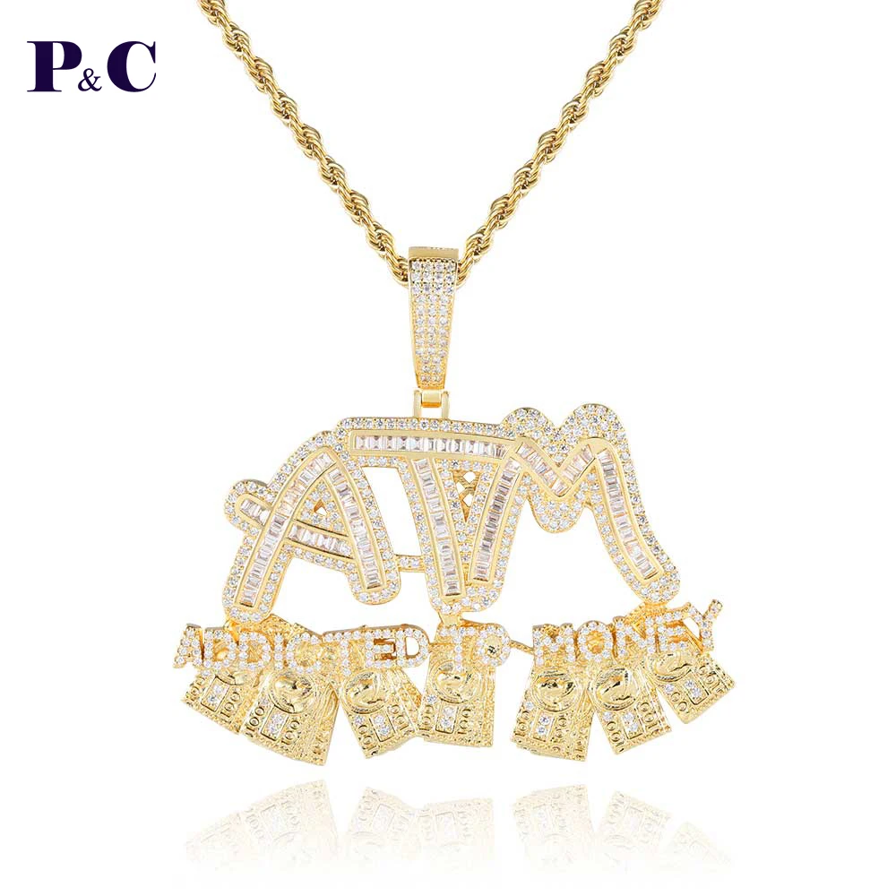 

ATM Dollar Letter Pendant Necklaces ADDICTED TO MONEY Hip Hop CZ Stone Paved Bling Iced Out for Men Chain Jewelry