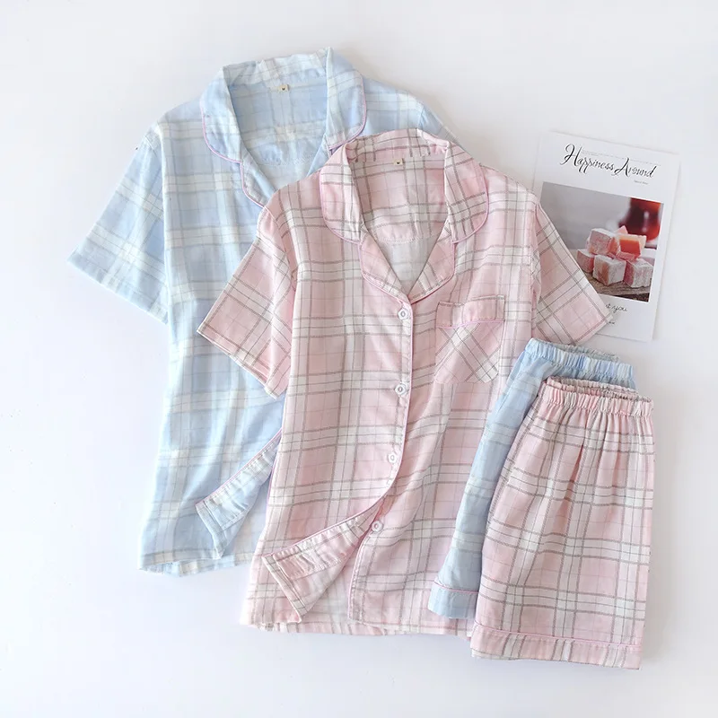 Summer Couple Pajamas Set Pure Cotton Gauze Simple Plaid Men/women Short Sleeved Sleepwear with Shorts Loose Comfy Home Wear