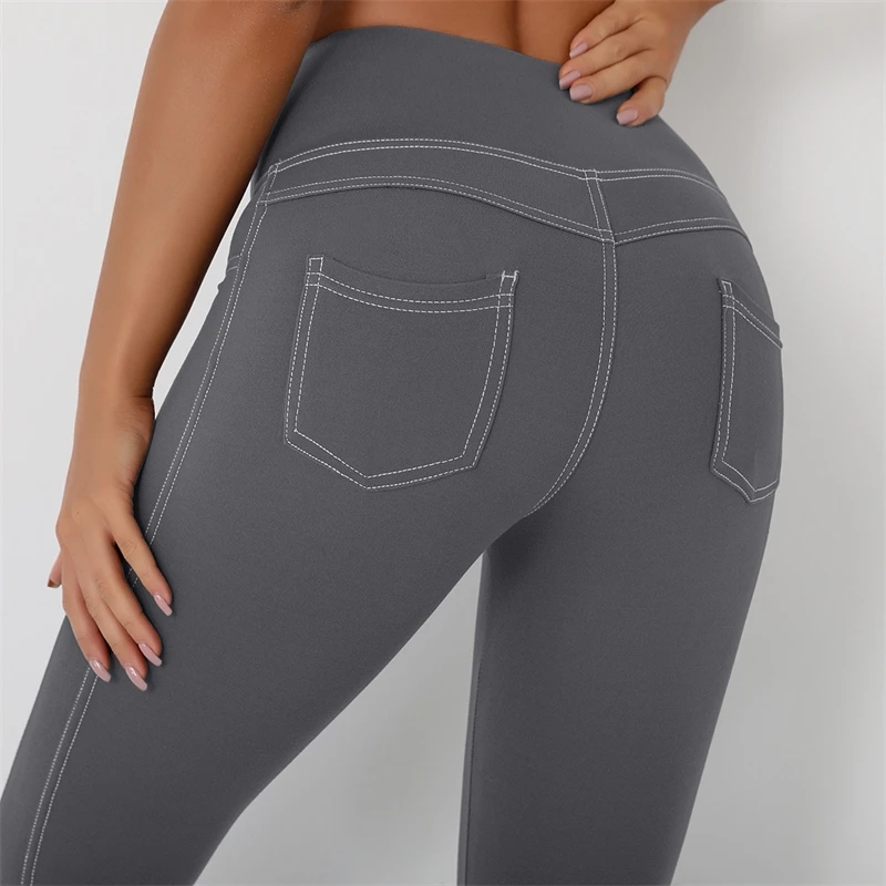 

2021 net red high waist imitation denim pocket hip lifting Yoga Pants brushed naked sense sports tights female