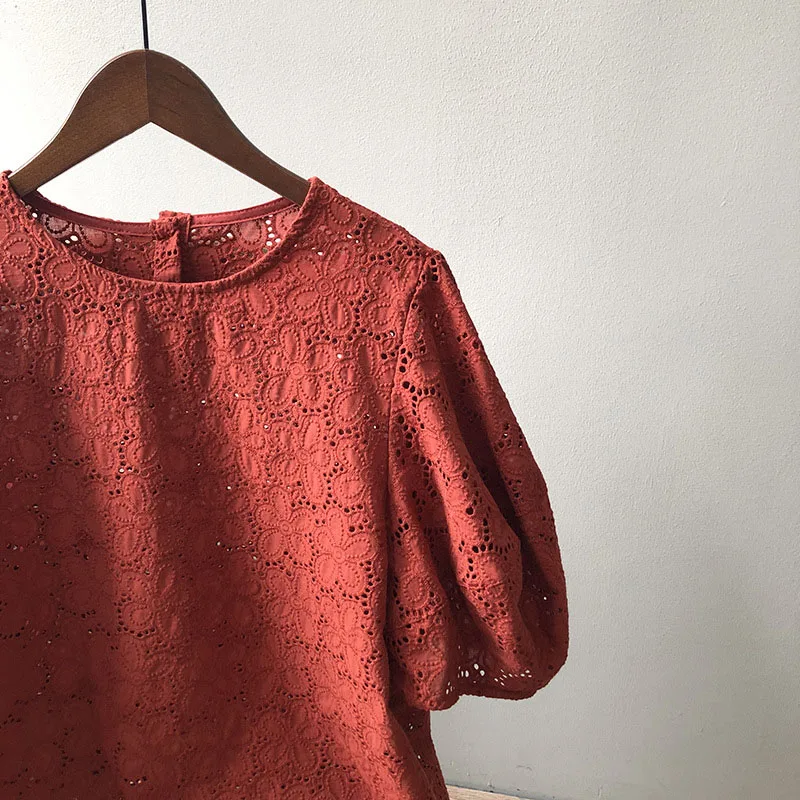 

New arrival 2021 Puff sleeve Lace Tops Women Casual O-neck Loose Tunic Shirt Fashion Embroidery Blouse Summer Female YNZZU 1T099