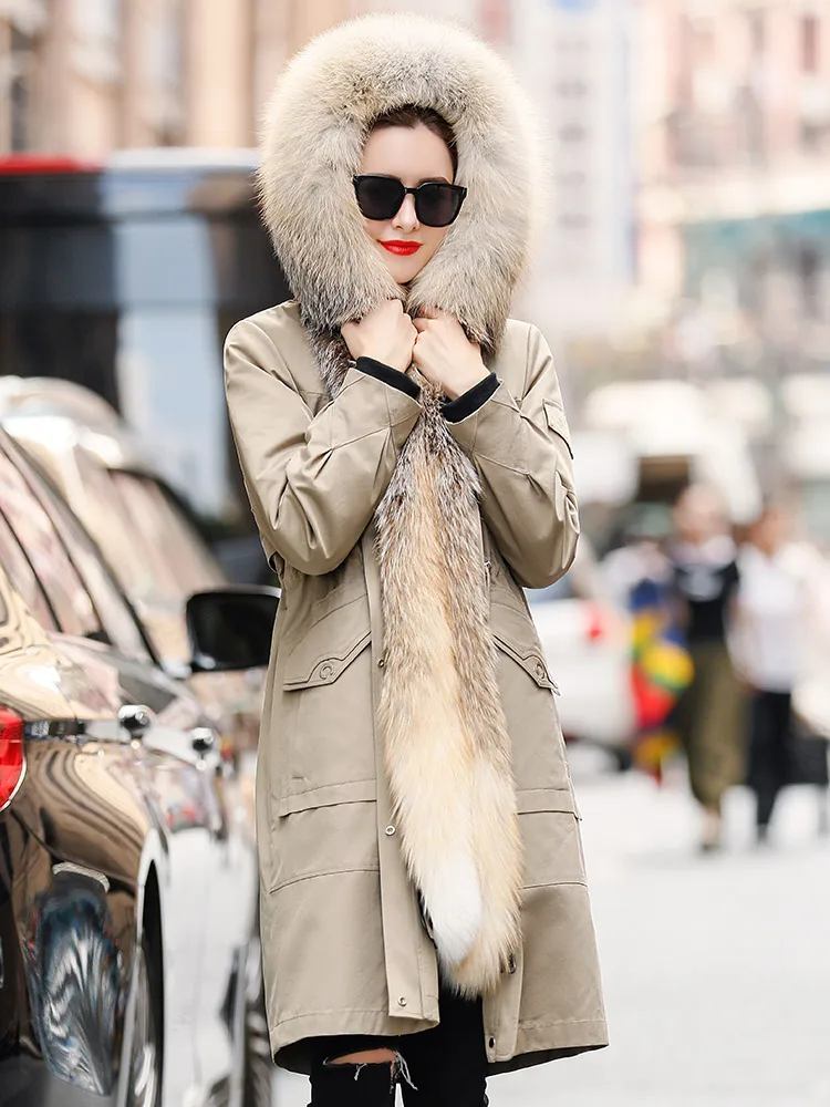 Fashion Fox Hooded Elegant Mink Fur Shearling Parka Women Long Winter Jacket Zipper Coat Clothes