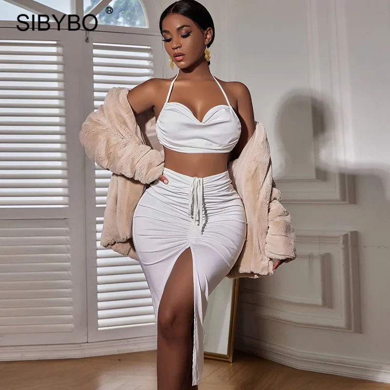 

Sibybo Sexy Elegant Two Piece Set Fashion Matching Sets Women Halter Backless Top And Drawstring Ruched Split Skirt Outfits 2021