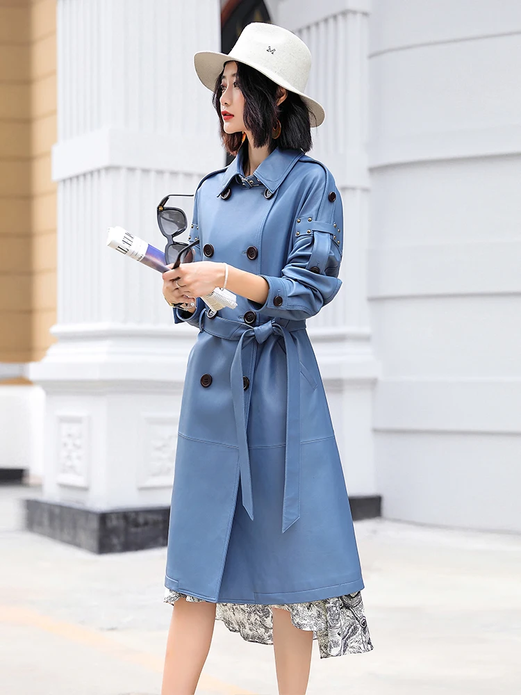 Lautaro Весна Осень Длинный Красный Синий Тренч из Искусственной Кожи для Женщин с