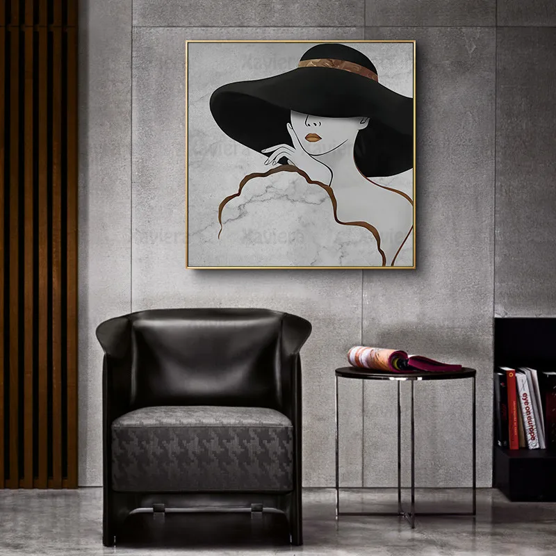 

Abstract Fashion Hat Women Canvas Painting Minimalist Golden Black and White Art Posters Modern Home Decor for Living Room Mural