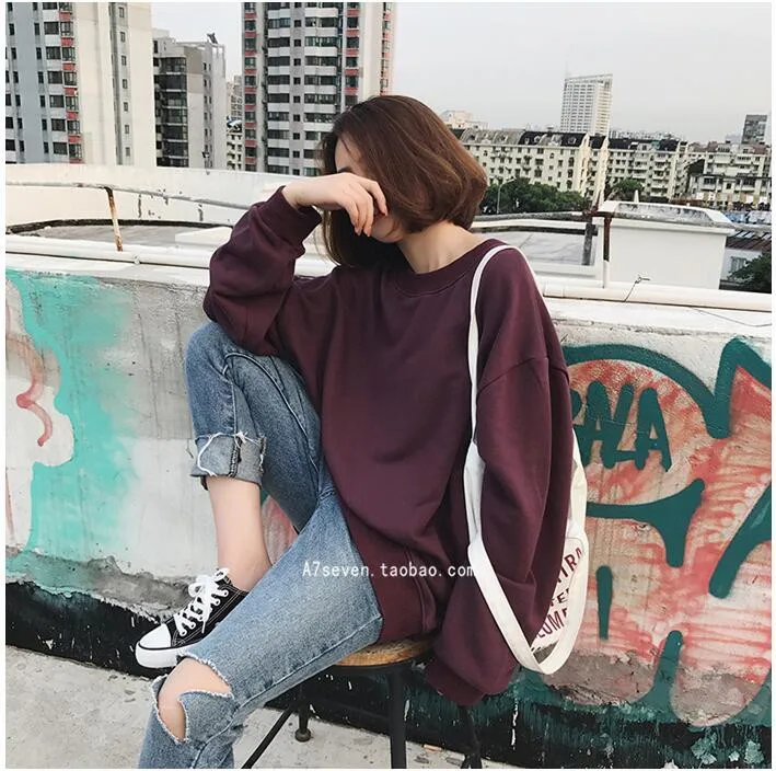 Толстовки женские с круглым вырезом однотонные свободные Harajuku мягкие женские в Корейском стиле, модная одежда для студентов, простое тонкое худи, повседневная женская одежда BF
