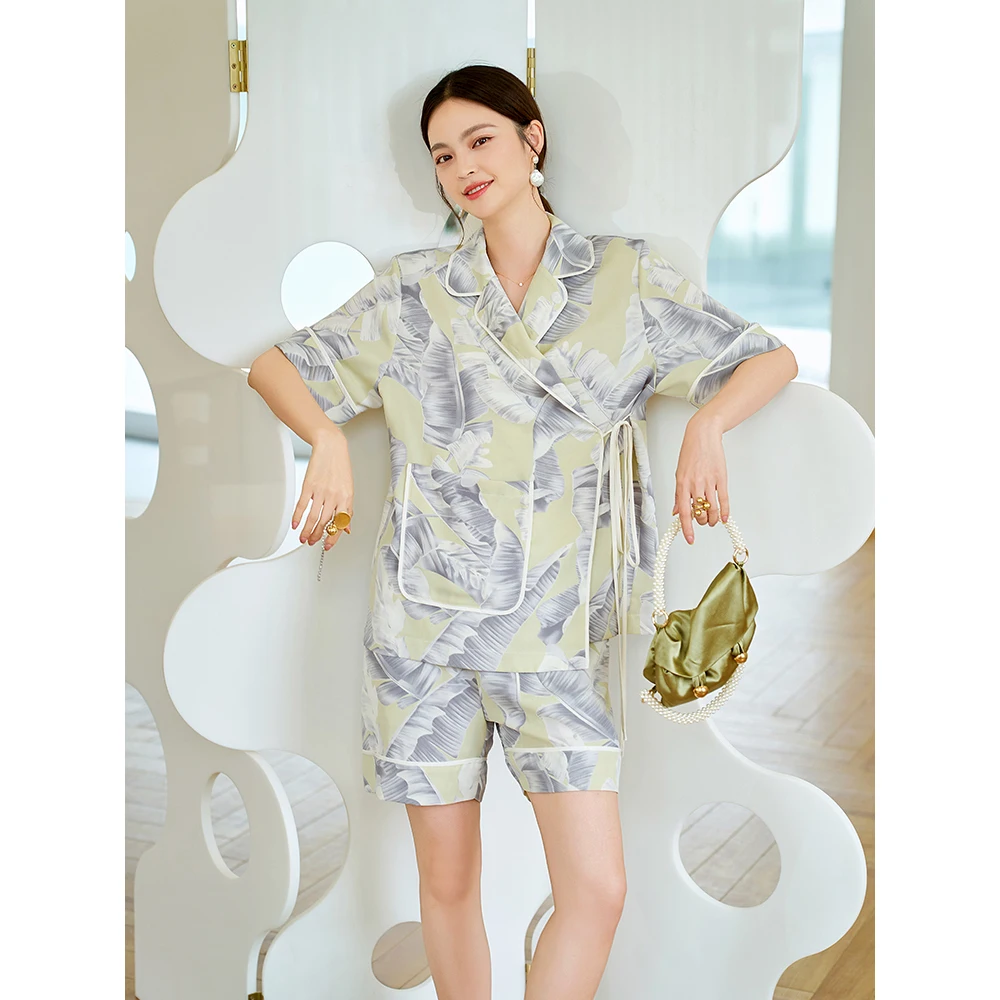 Maison Gabrielle 2021SS New Palm Leaf Printed Pajamas Set Loungewear Sleepwear for Women Short Leeve 2 Pieces Double Breasted
