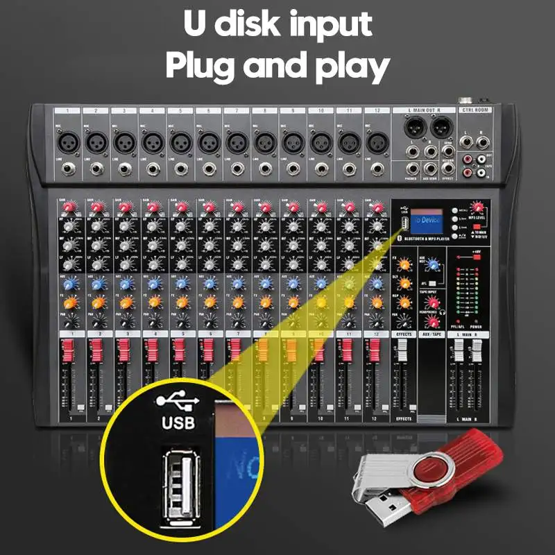 12-канальная стерео звуковая микшерная консоль bluetooth USB Запись компьютерное