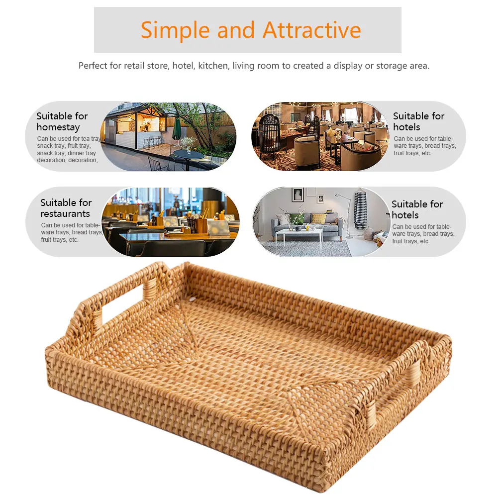 

Solid Fruit Basket Home Kitchen Display Rectangule Universal Drink Living Room Serving Tray Breakfast With Handles Rattan Woven