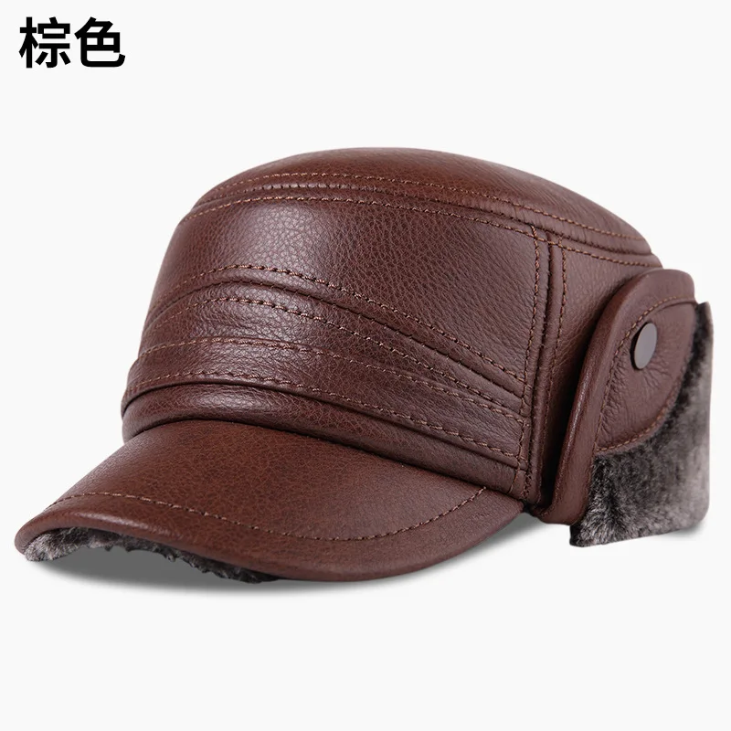 

Ushanka Men Winter Thick Warm Outdoor Earmuff Cotton Cap Old Man Cow Leather Hat warm fur
