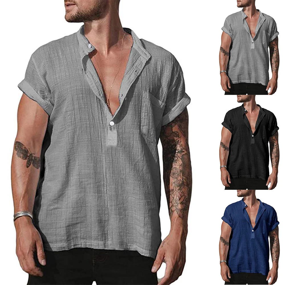 

Рубашка мужская с V-образным вырезом, Свободный Повседневный Топ с коротким рукавом, однотонный пуловер, красивая блузка, на лето
