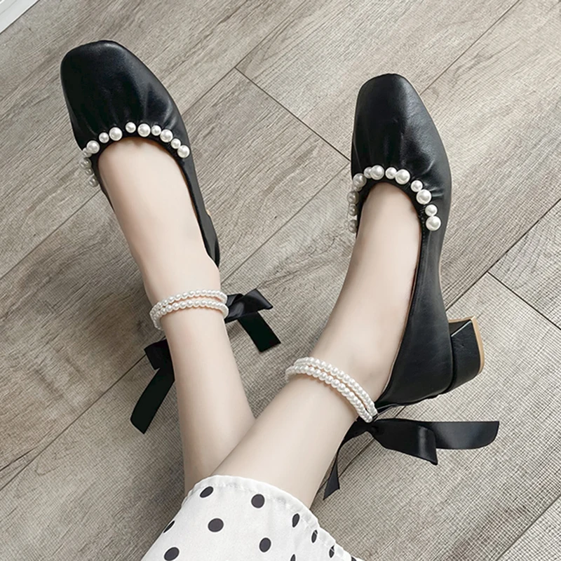 

Туфли-лодочки Rimocy из мягкой искусственной кожи с жемчужным ремешком на щиколотке, женские осенние туфли на толстом среднем каблуке, туфли м...