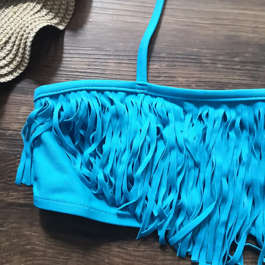 9-14 Years Girl Swimsuit Kids Swimwear Tassel Teenage Bikini Set Halter Top Girls Bathing Suit 2 Piece Children's
