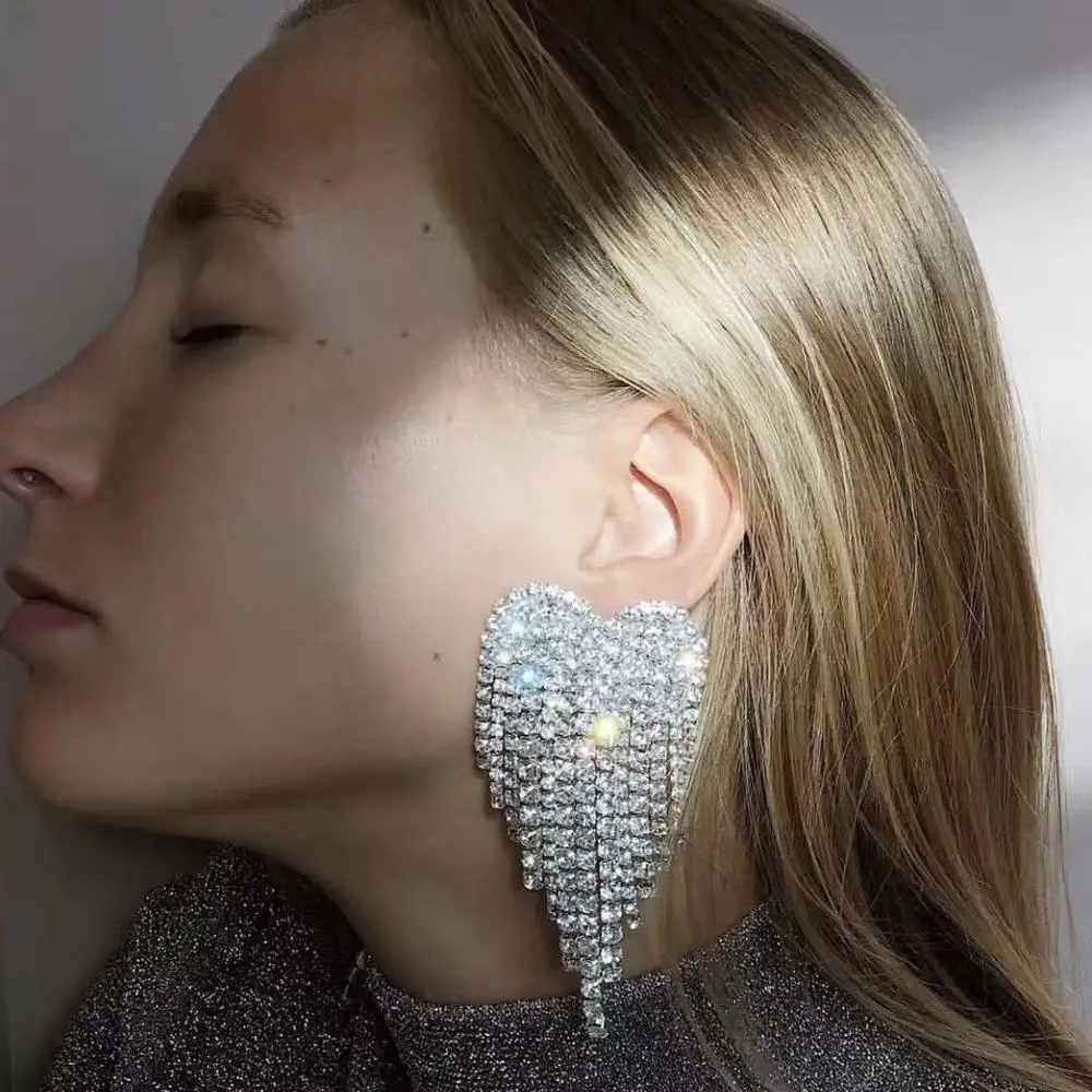 Женские серьги подвески в форме сердца красные блестящие стразы модные