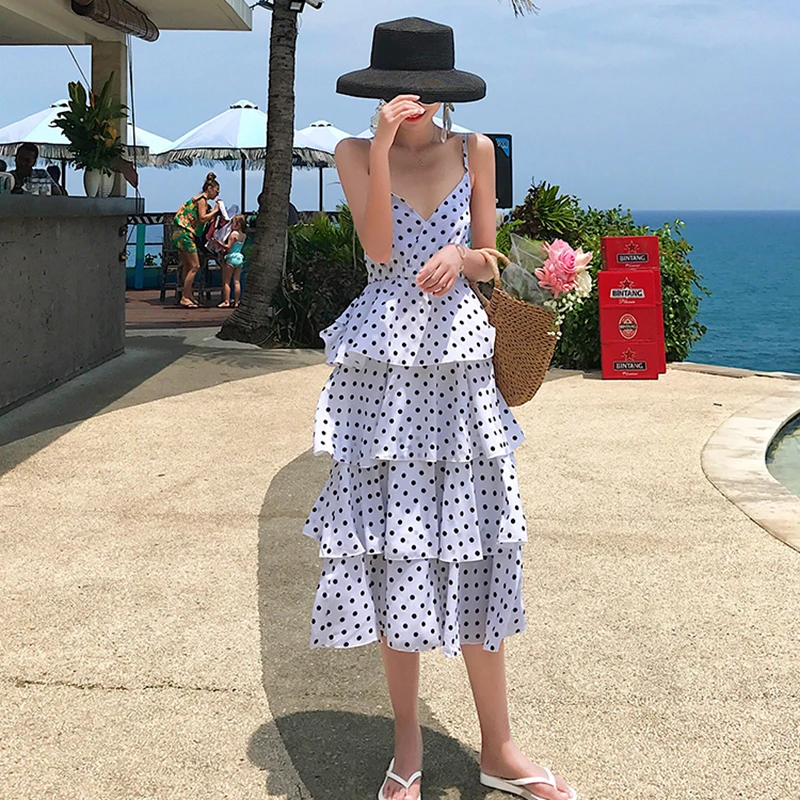 Женский Длинный пляжный сарафан в горошек красное повседневное винтажное платье