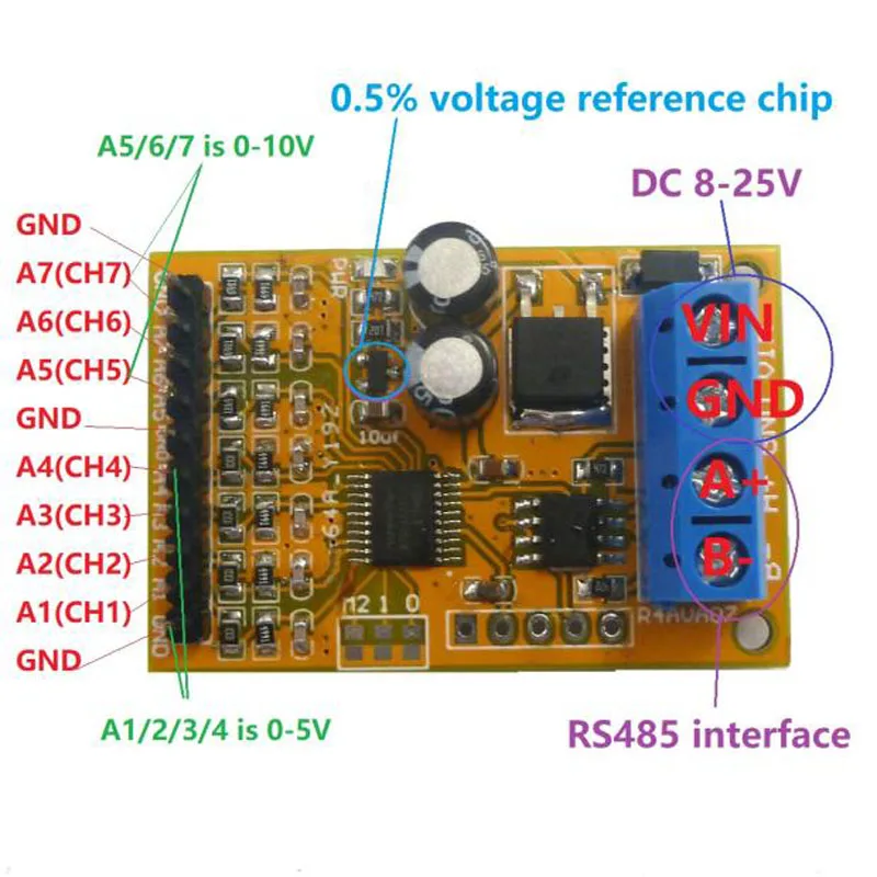 4 шт./лот 7 каналов 5 в 10 аналоговый пробоотборник напряжения RS485 модуль ModBus RTU для PLC