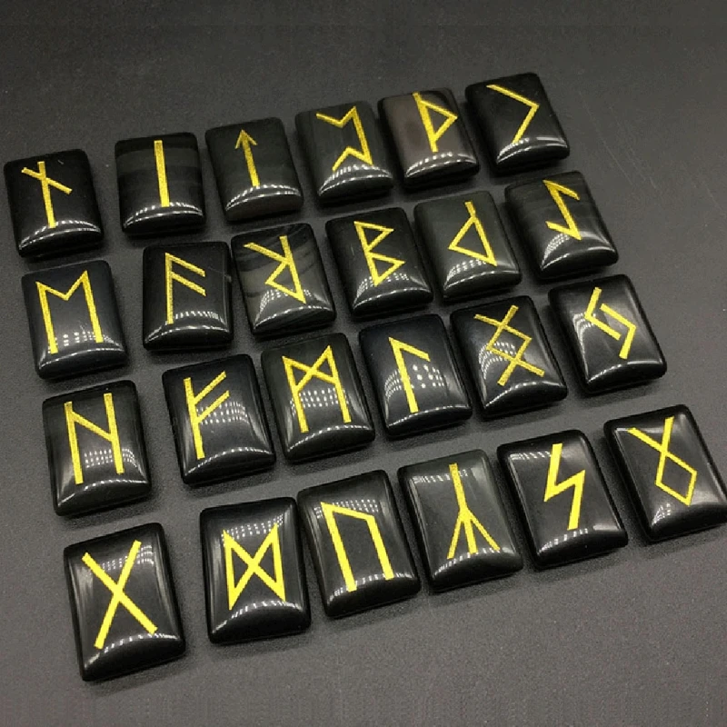 

25Pcs Black Obsidian Rune Stones Set with Engraved Elder Futhark Alphabet Crystal Meditation Divination Art Witchcraft