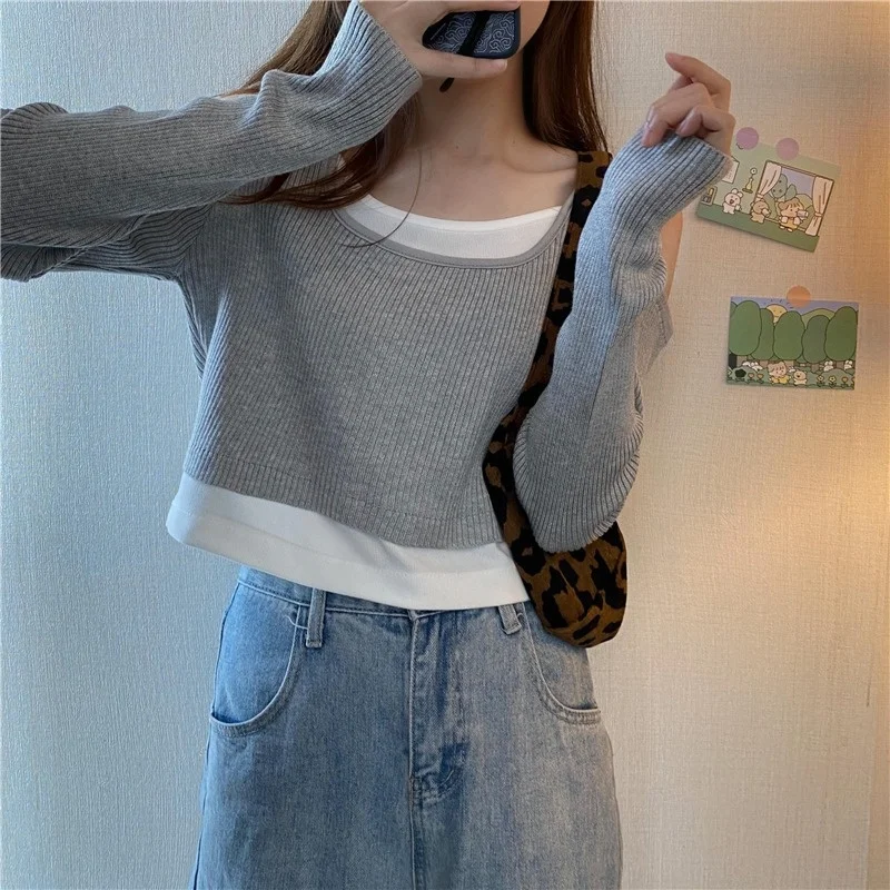 

Тонкая трикотажная Женская облегающая одежда из двух предметов, короткий топ с открытыми плечами и длинным рукавом для ранней осени, ленива...