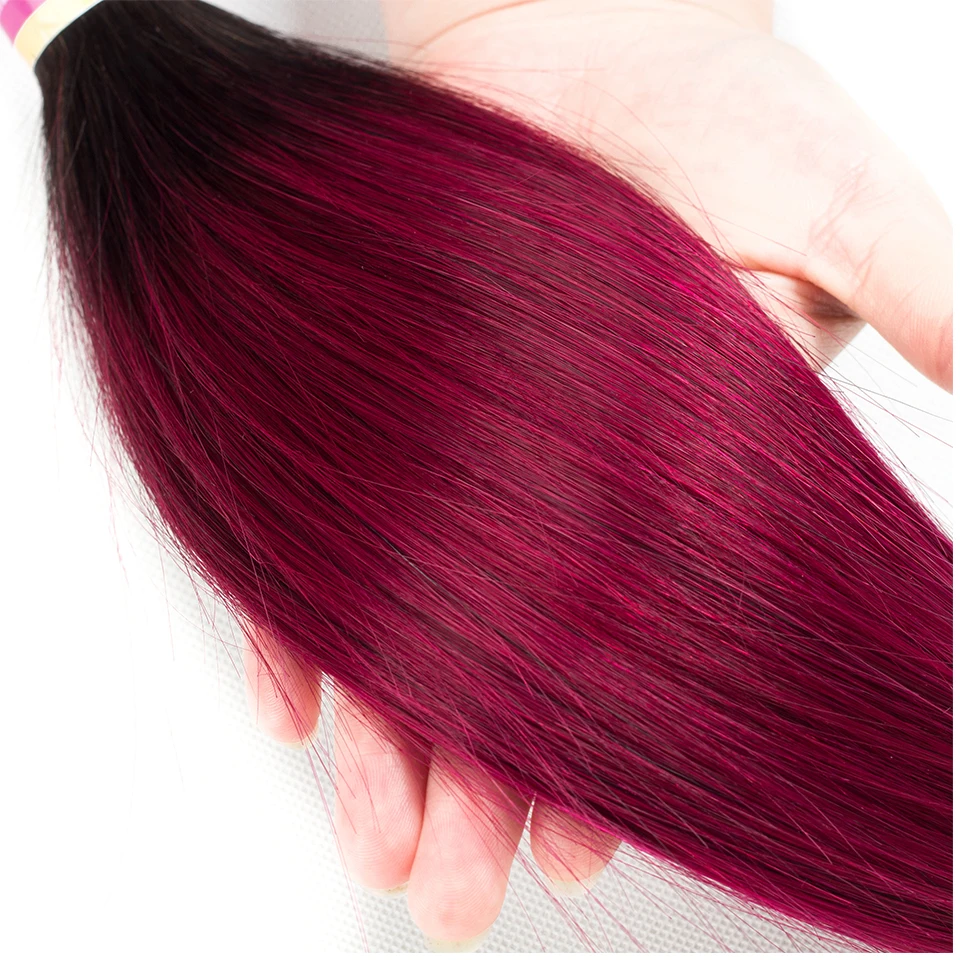 Перуанские пучки волос с закрытием 1b бордовый прямые волосы Омбре 99j красный Remy