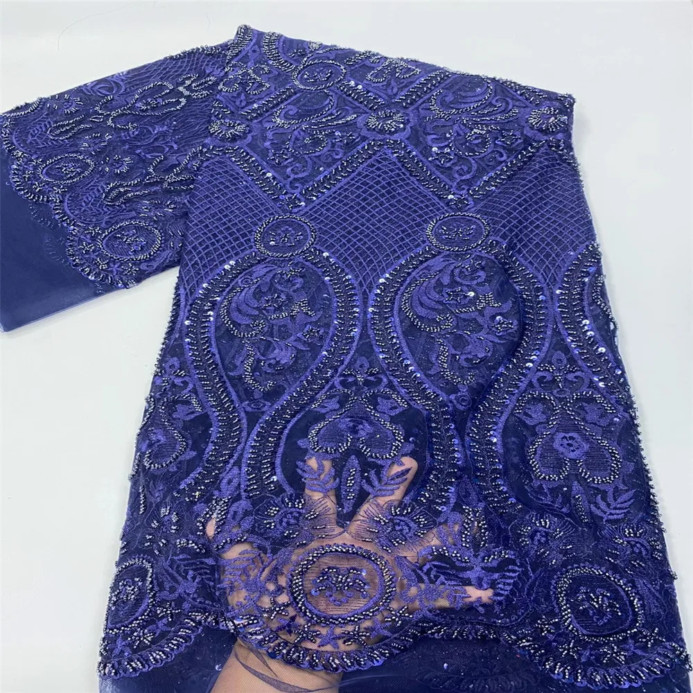 

Madison French Nigerian Hand-Made Net Lace Fabric Gold High Quality African Mesh Fabric Sequin Embroidered Lace for Party Dress