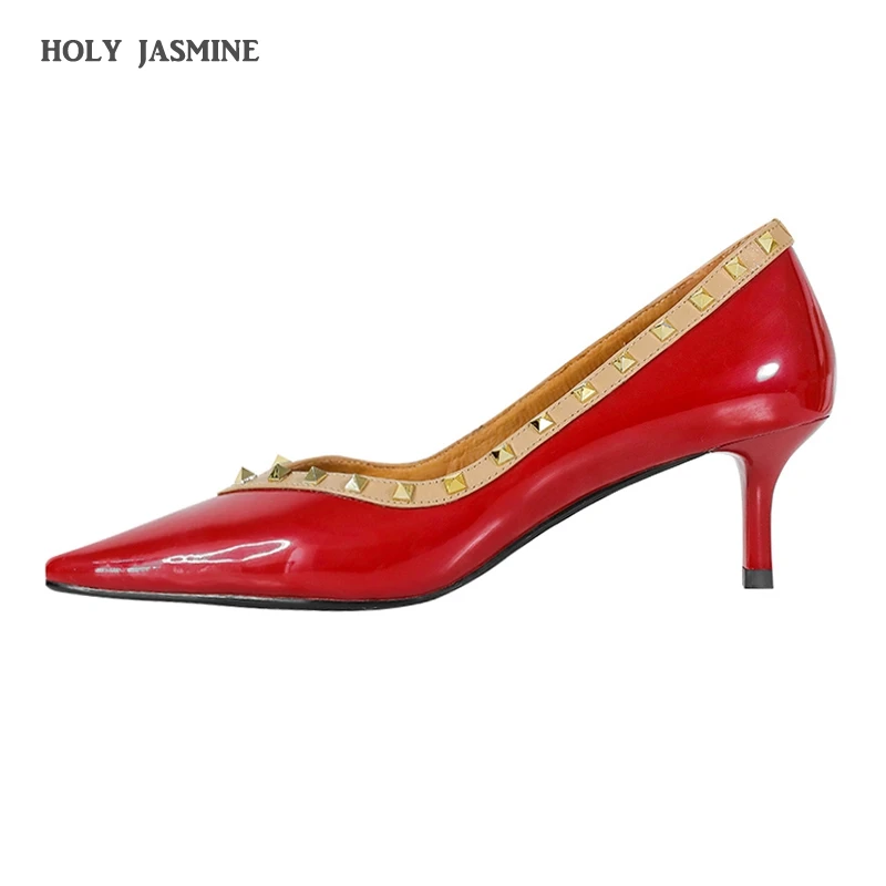 

2021 new fashion temperament spring women Pumps Genuine Leather Rivet Point Toe Wedding Shoes Women Pumps Fashion Stiletto Heel