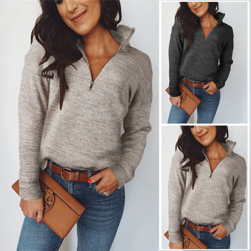 

Новинка осени 2020, Стильная приталенная Женская толстовка с воротником-стойкой и полуоткрытой молнией, повседневный пуловер с длинным рукав...