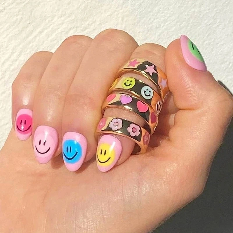 

2Pcs/Set Trendy New Smile Face Flower Enamel Rings For Women Vintage Colorful Yin Yang Star Rings Set 2021 Korean Jewelry Gift