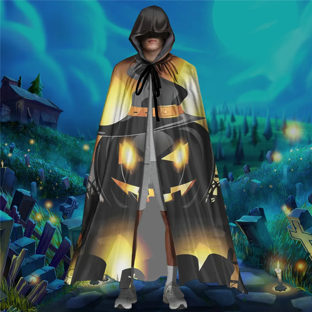 

Cool Pumpkin Print Halloween Hooded Cloak Black Cape Adult Men Women Robe Cosplay Costume for Royalty/Wizard/Vampires Wholesale