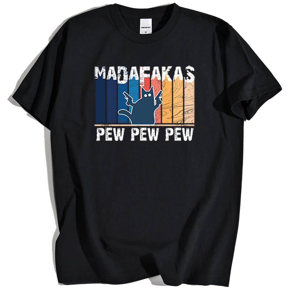 

Kohpweran Vintage Pew Pew Madafakas Black Cat Print T Shirts Men Retro Sweat Clothing Summer Loose Tops New Crewneck