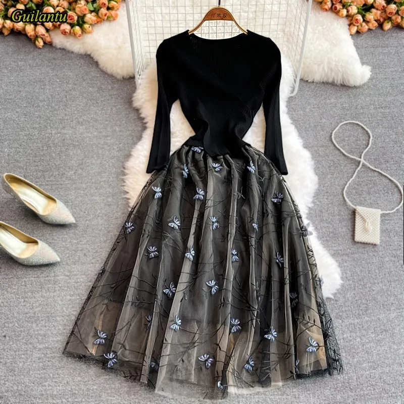 

Elegant Mesh Embroidery Patchwork Knitting Long Dress Women V Neck Full Sleeve Casual Vintage Robe Dress Evening Party Dresses