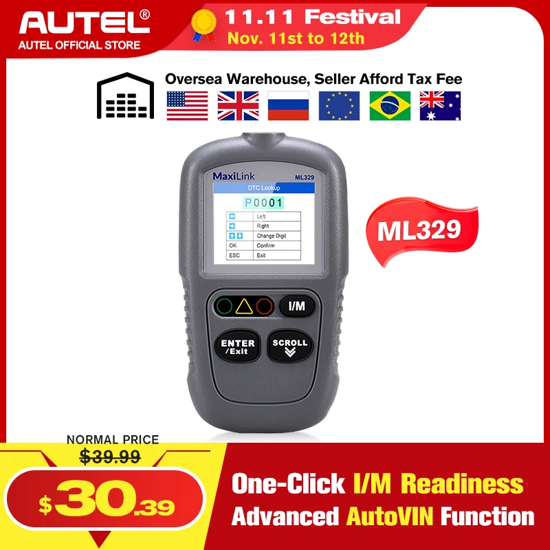 Autel MaxiLink ML329 считыватель кодов один клик I/M Профессиональный сканер для ключей с функцией автоматической диагностики OBDII автомобильный диагностический инструмент