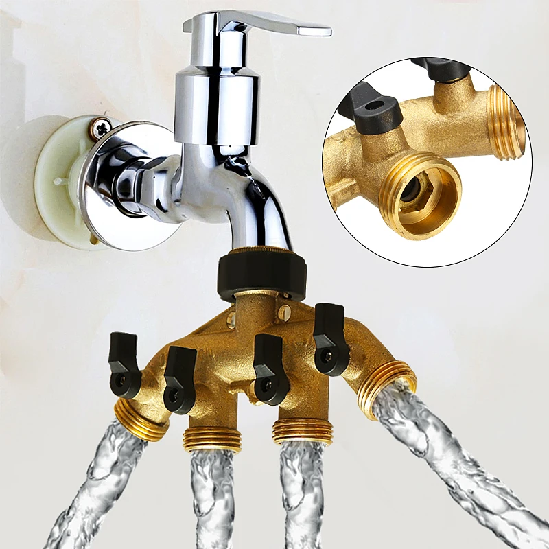 

3/4 Inch BSP 4 Way Brass Hose Faucet Manifold Water Segregator Garden Tap Connector Splitter Switcher Control Shut Off Valve