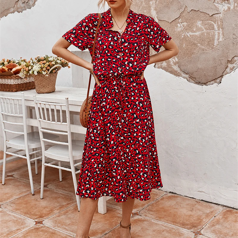 

Ladies Bohemian Leopard Print Shirt Dress Women Casual Midi Holiday Summer Dress Female A-line Loose Women Beach Dress Vestidos