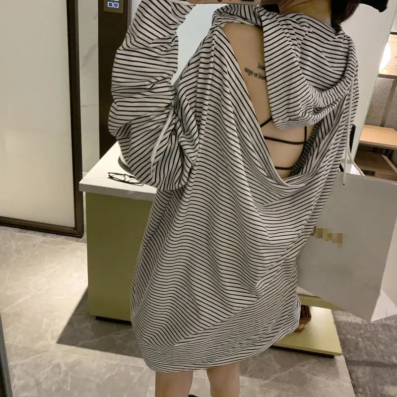 Женская толстовка с длинным рукавом и пуловер в полоску капюшоном открытой