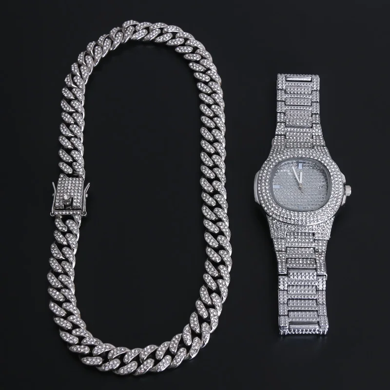 Золотое ожерелье + часы браслет хип хоп МАЙАМИ кубинская цепочка со сверкающими