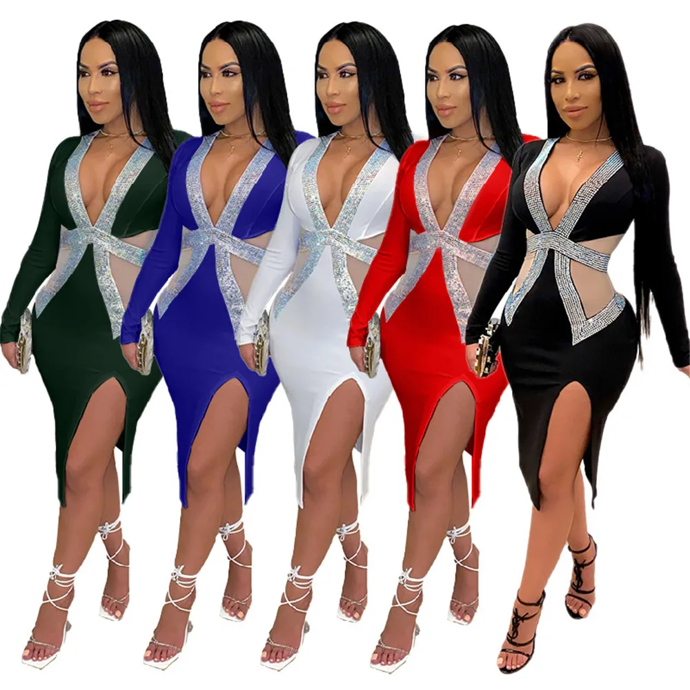 

Sexy Sparkly Rhinestone Bodycon Bandage Dresses for Women Mesh Patchwork Elegant Cut Out Celebrity Runway Night Party Dress Robe