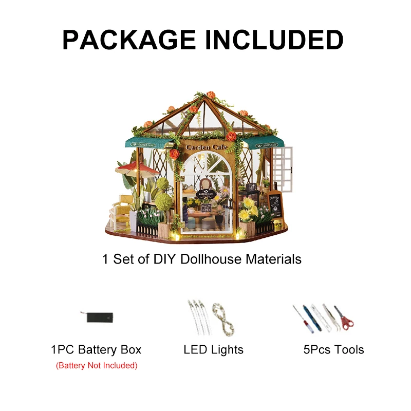 

Miniature DIY Dollhouse Garden Cafe Wooden Dollhouse Kit with LED Lights & Tools for Children Birthday Gift